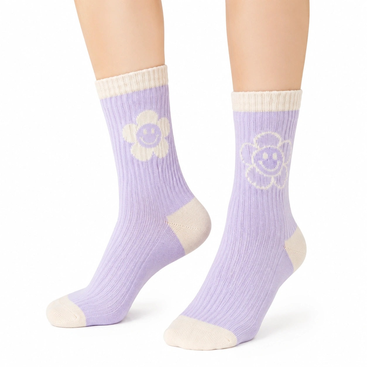 Socken Größe 35-38 Lila Creme Gerippt mit Blumenmotiv