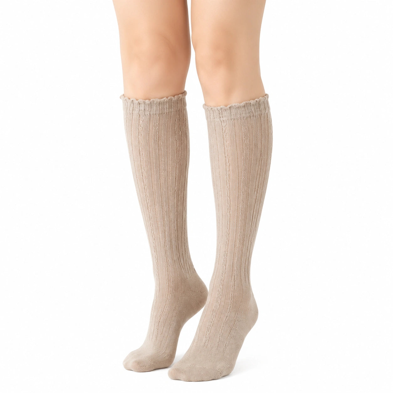 Kniestrümpfe 35-38 Beige mit Rippstrickmuster