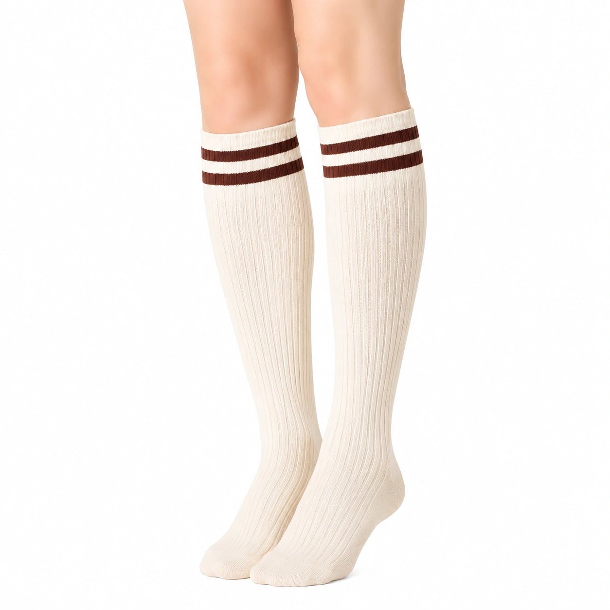 Kniestrümpfe Größe 35-38 aus Textil in Cremebraun mit Rippstrick Streifen