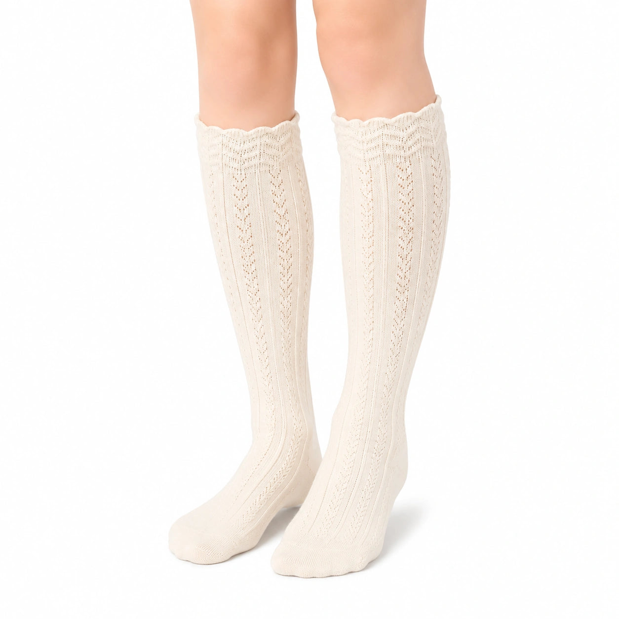 Damen Kniestrümpfe 35-38 aus Stricktextil in Cremeweiß mit Lochmuster