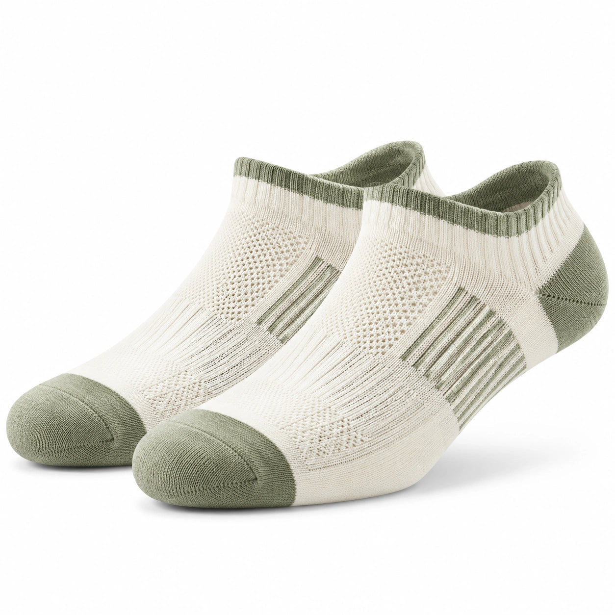 Sneakersocken Größe 35-38 aus Stricktextil in Creme/Salbeigrün atmungsaktiv gerippt